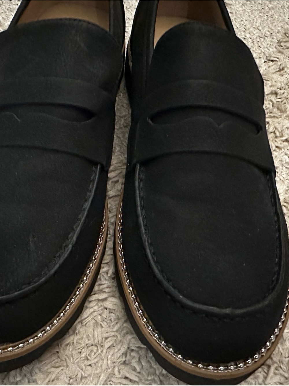 Taryn Rose Black Suede Penny Loafers with Chain-Trim Sole
